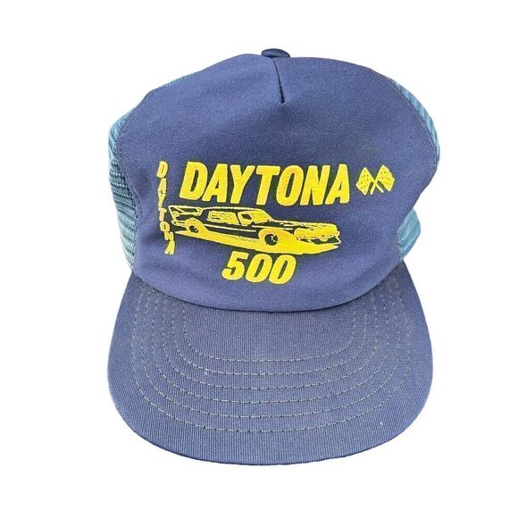 Vintage Daytona 500 Snapback Trucker Hat Navy Blue Yellow Auto Racing Cap - Picture 1 of 4